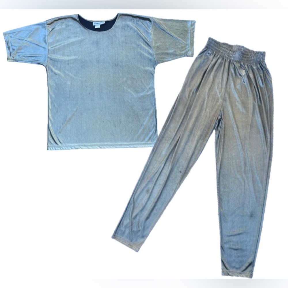 Vintage Metallic Set Matching Shirt and Pants Loose Slinky Silver Gold Disco Med
